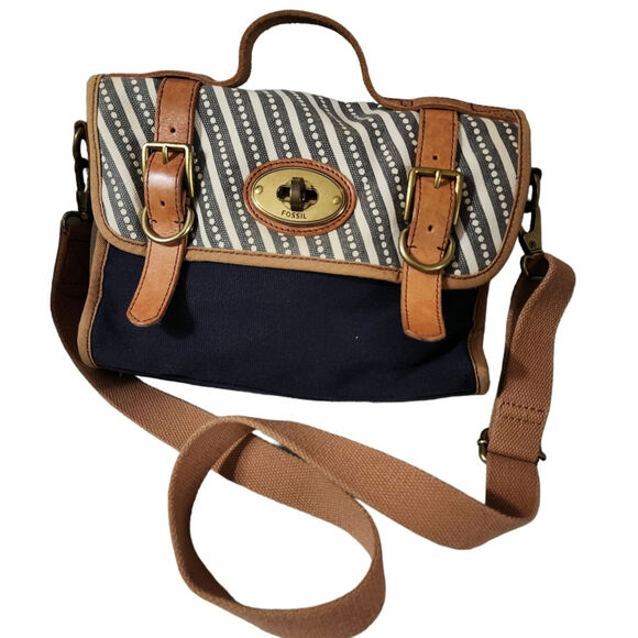 Fossil Brand Canvas Flap Twist Lock Messenger Bag Crossbody Purse Blue Leather - Picture 3 of 13